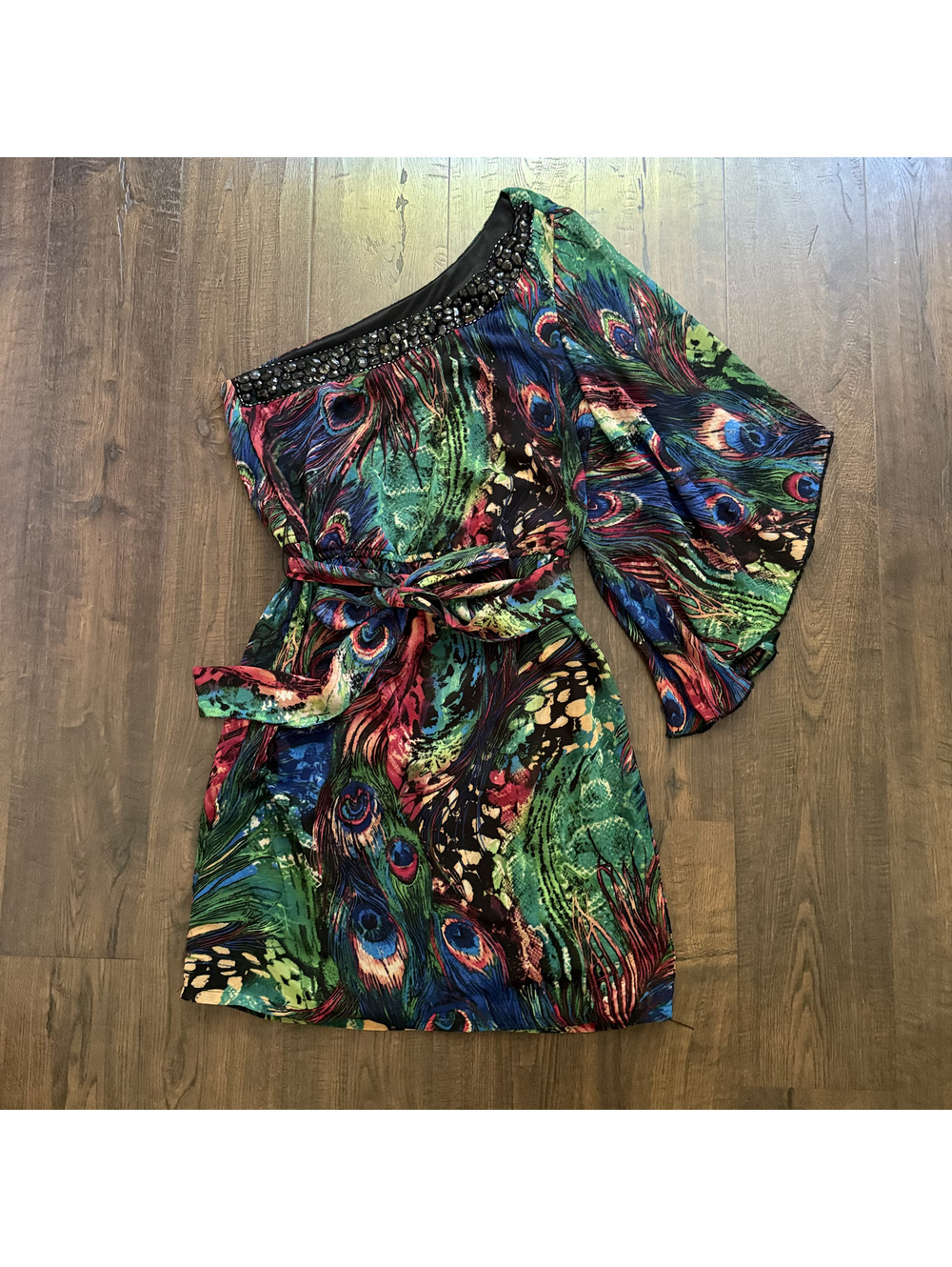 Y2K Bisou Bisou Peacock Feather Satin One Shoulder Rhinestone Dress Size 6